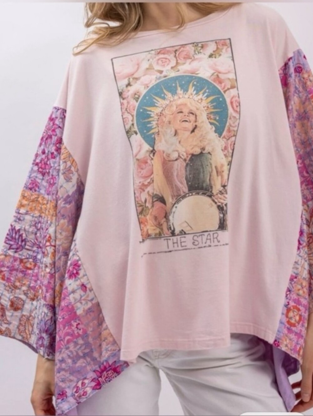 Blue Velvet Dolly Parton Kantha Patchwork Poncho Graphic Top Floral Boho S/M